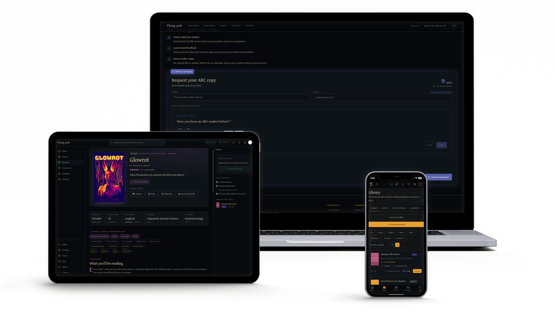 The Thing.pub app shown on a laptop, tablet, and phone
